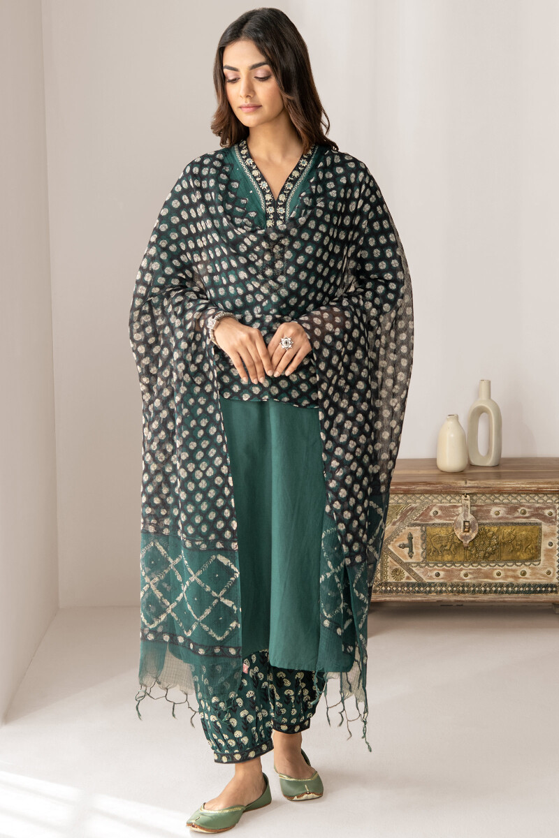 Teal Blue Hand Block Printed Straight Handloom Kurta