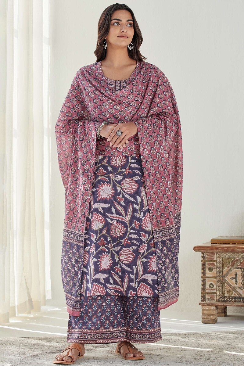 Purple Hand Block Printed Straight Cotton Mul Kurta