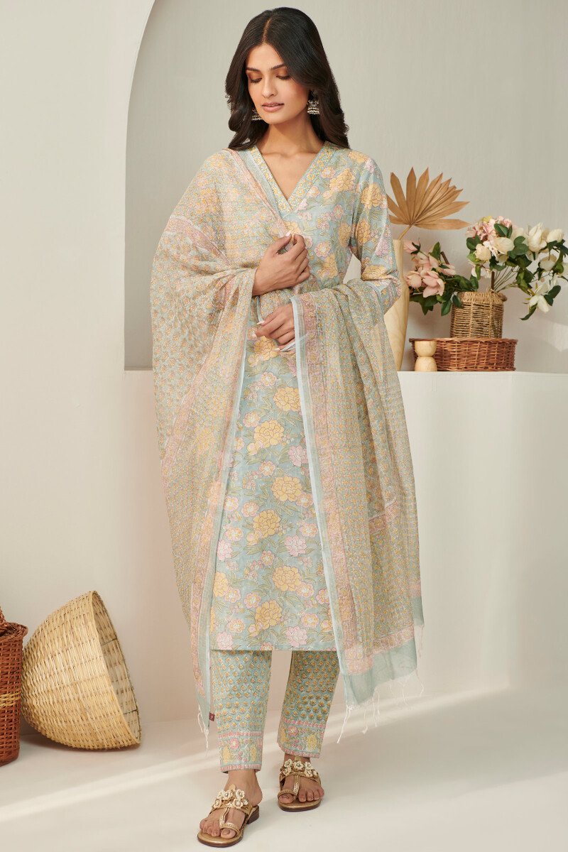 Blue Hand Block Printed Straight Cotton Kurta