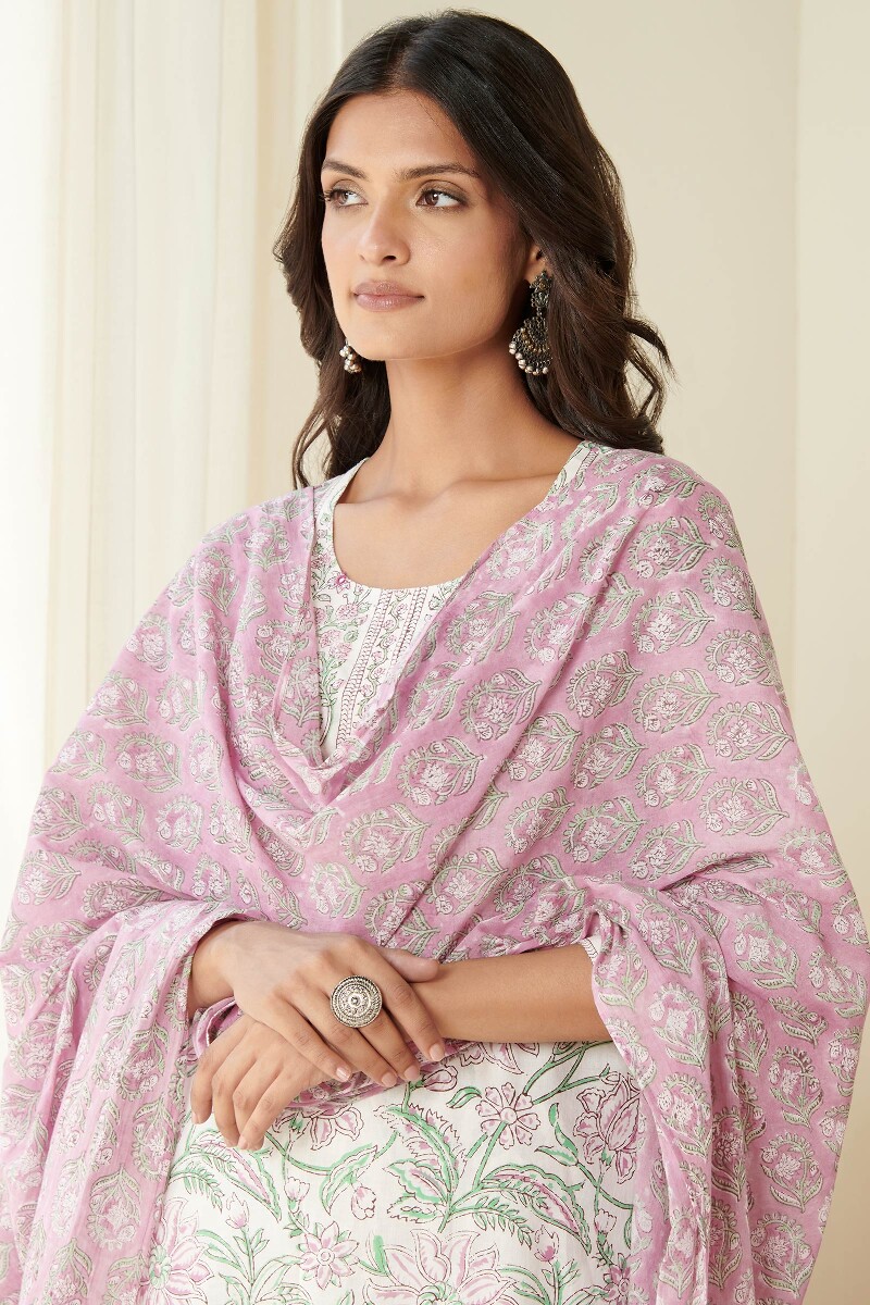 Pink Hand Block Printed Cotton Mul Dupatta