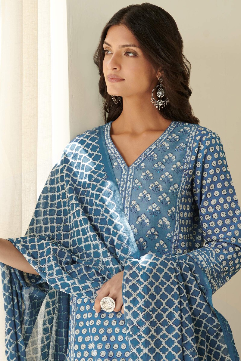Indigo Hand Block Printed Cotton Mul Dupatta