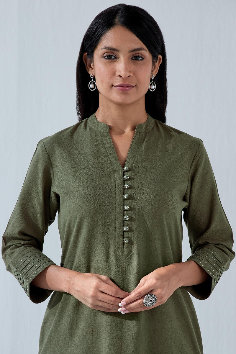 Olive Green Handcrafted Straight Handloom Kurta
