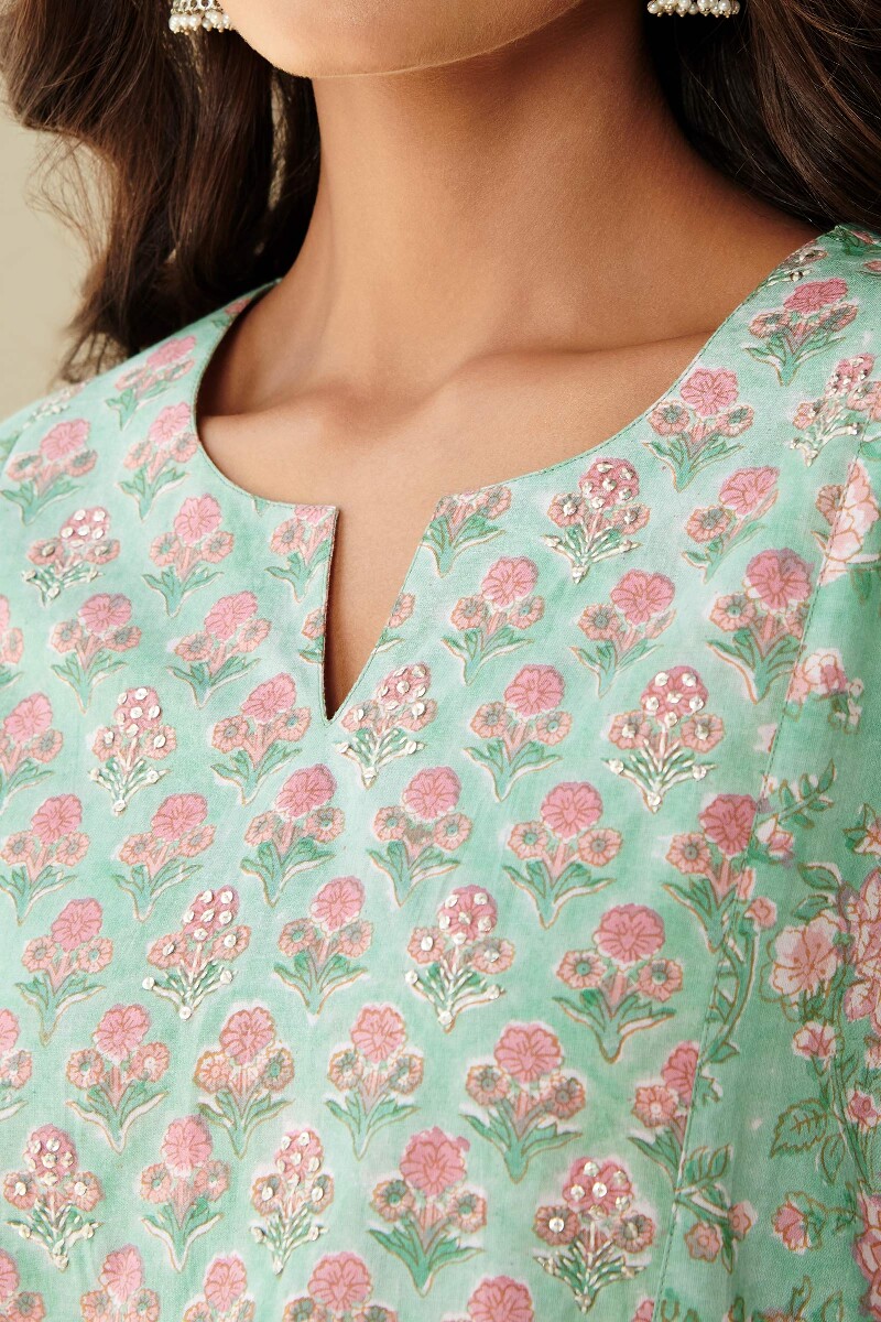 Green Handcrafted Straight Cotton Kurta
