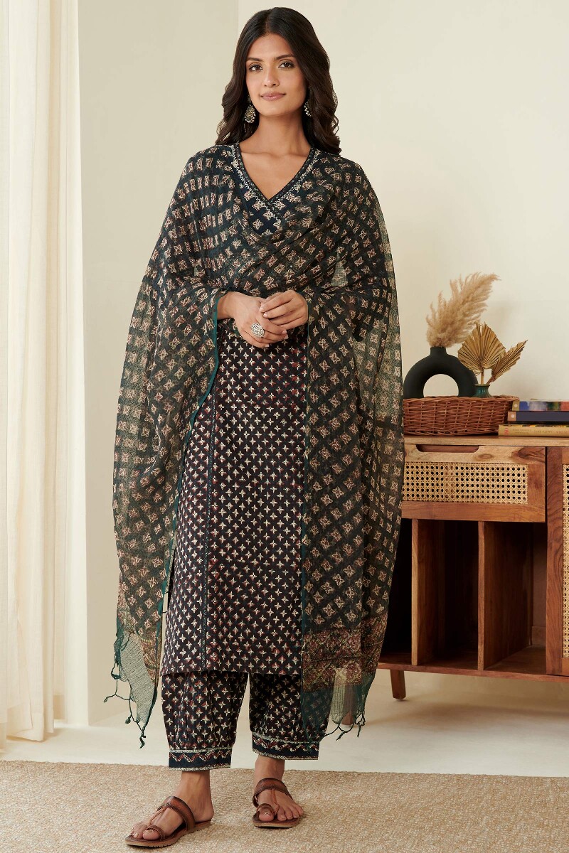 Bagru Hand Block-Printed Straight Cotton Slub Kurta