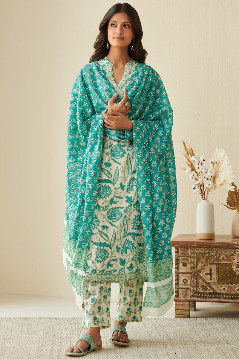 Turquoise Hand Block Printed A-Line Cotton Kurta