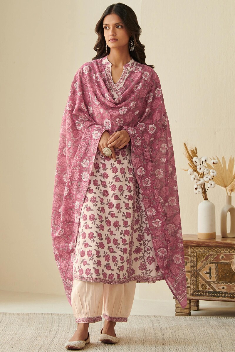 Pink Hand Block Printed Angrakha Cotton Kurta