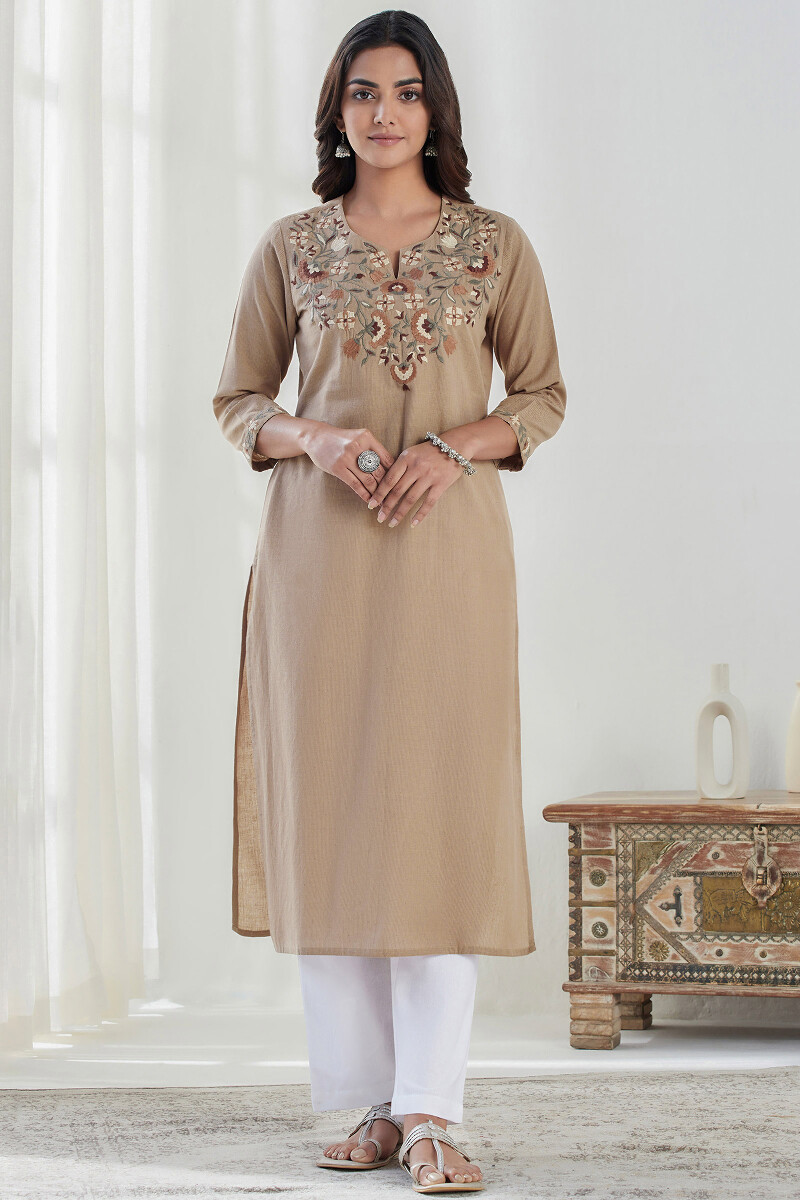 Beige Handcrafted Straight Handloom Kurta