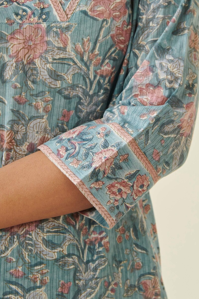 Blue Hand Block Printed A-Line Cotton Kurta