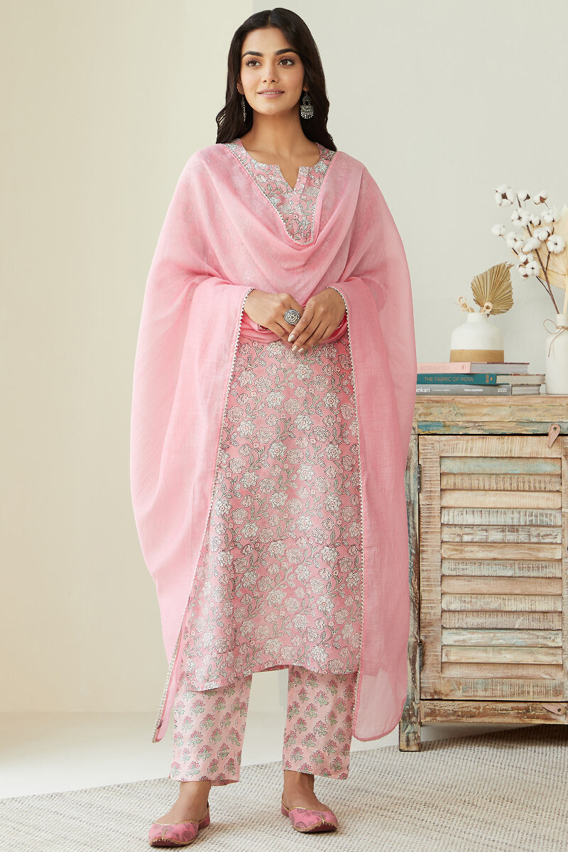 Pink Hand Block Printed Straight Modal Kurta