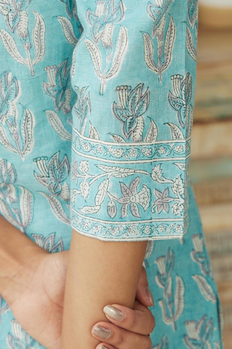 Blue Hand Block Printed Straight Cotton Kurta