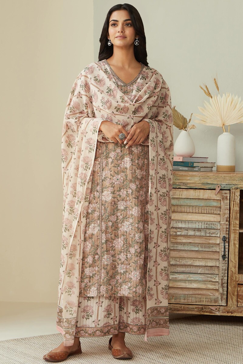 Brown Hand Block-Printed Straight Cotton Dobby Kurta
