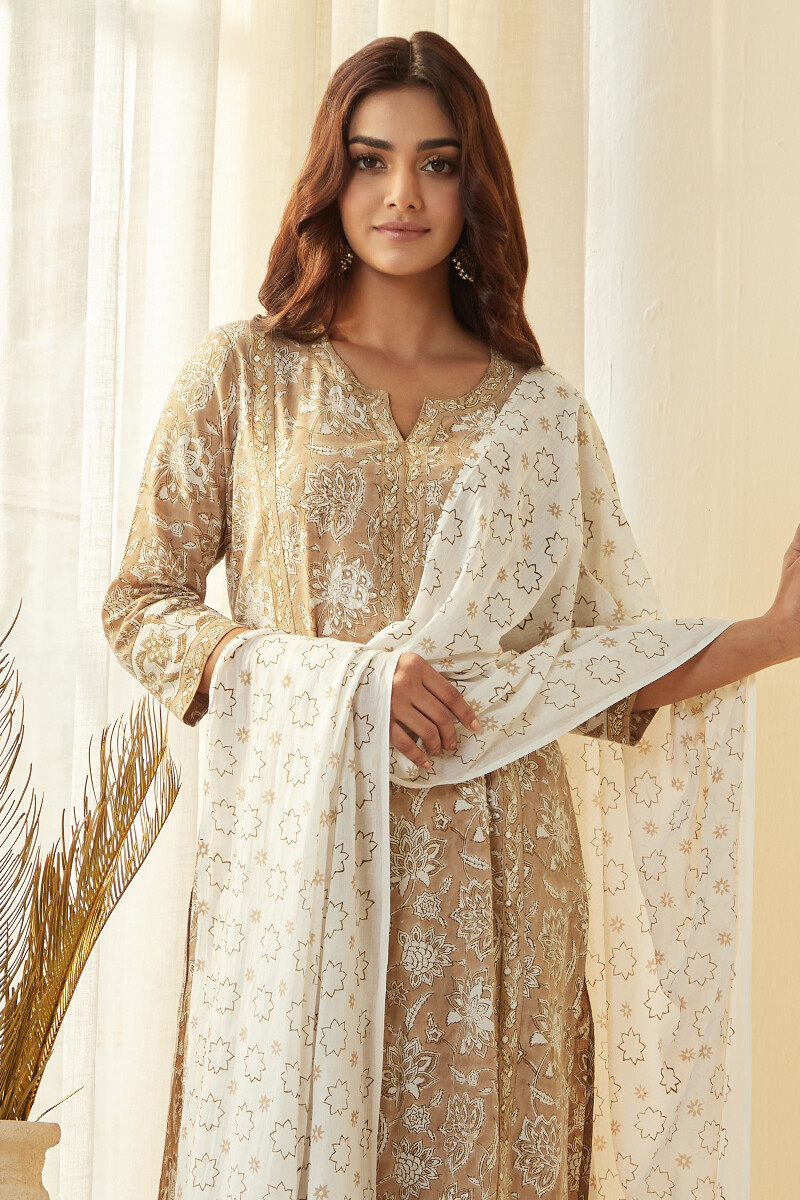 White Hand Block Printed Cotton Dupatta