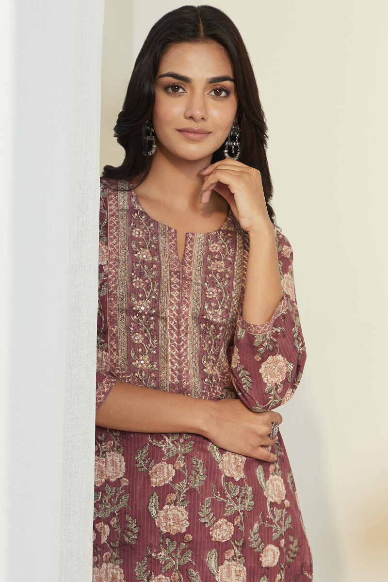 Maroon Hand Block Printed Straight Cotton Kurta