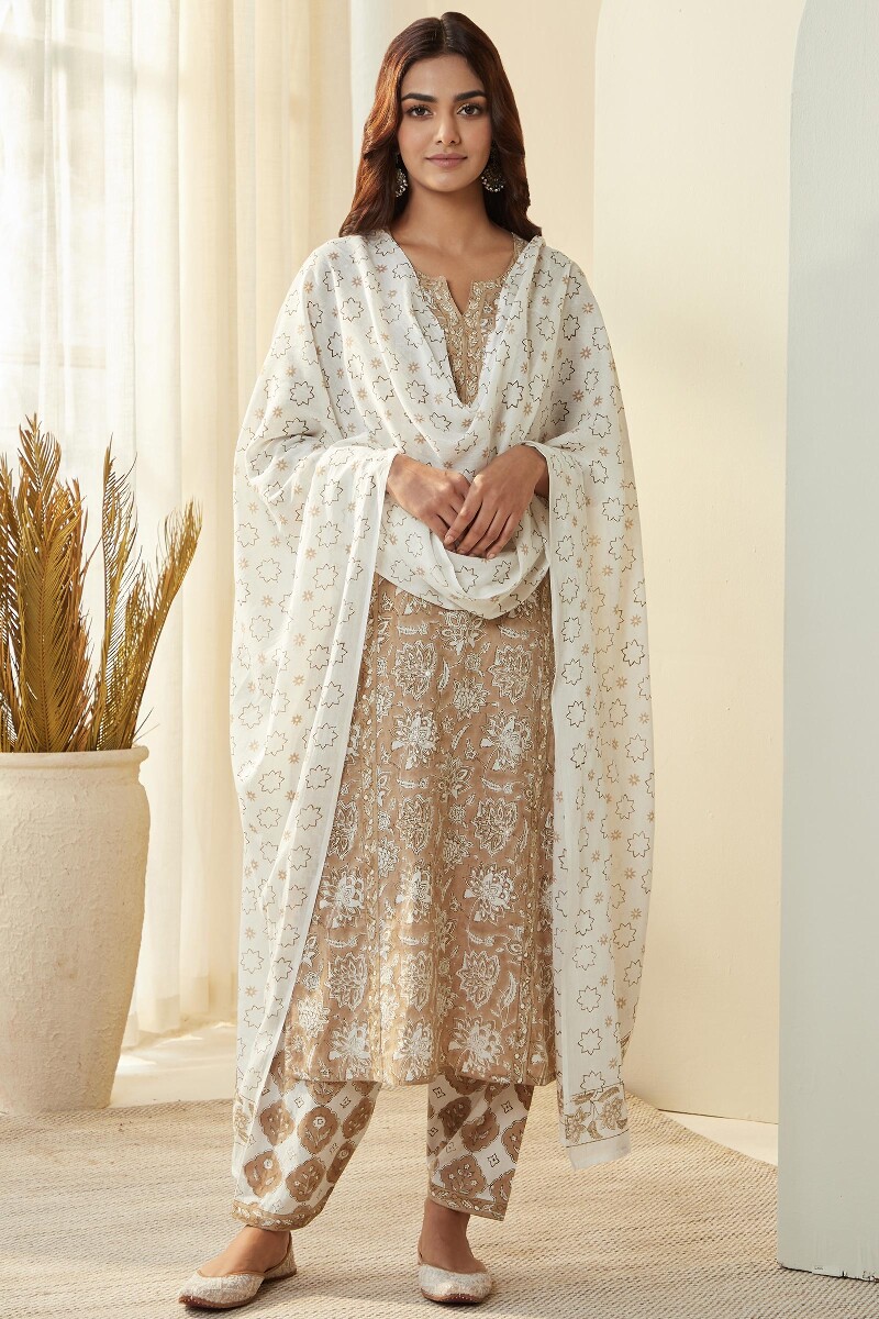 Brown Hand Block Printed Straight Cotton Kurta