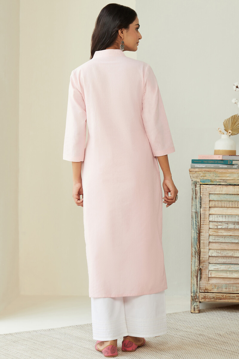 Pink Hand Block Printed Straight Cotton Flax Kurta