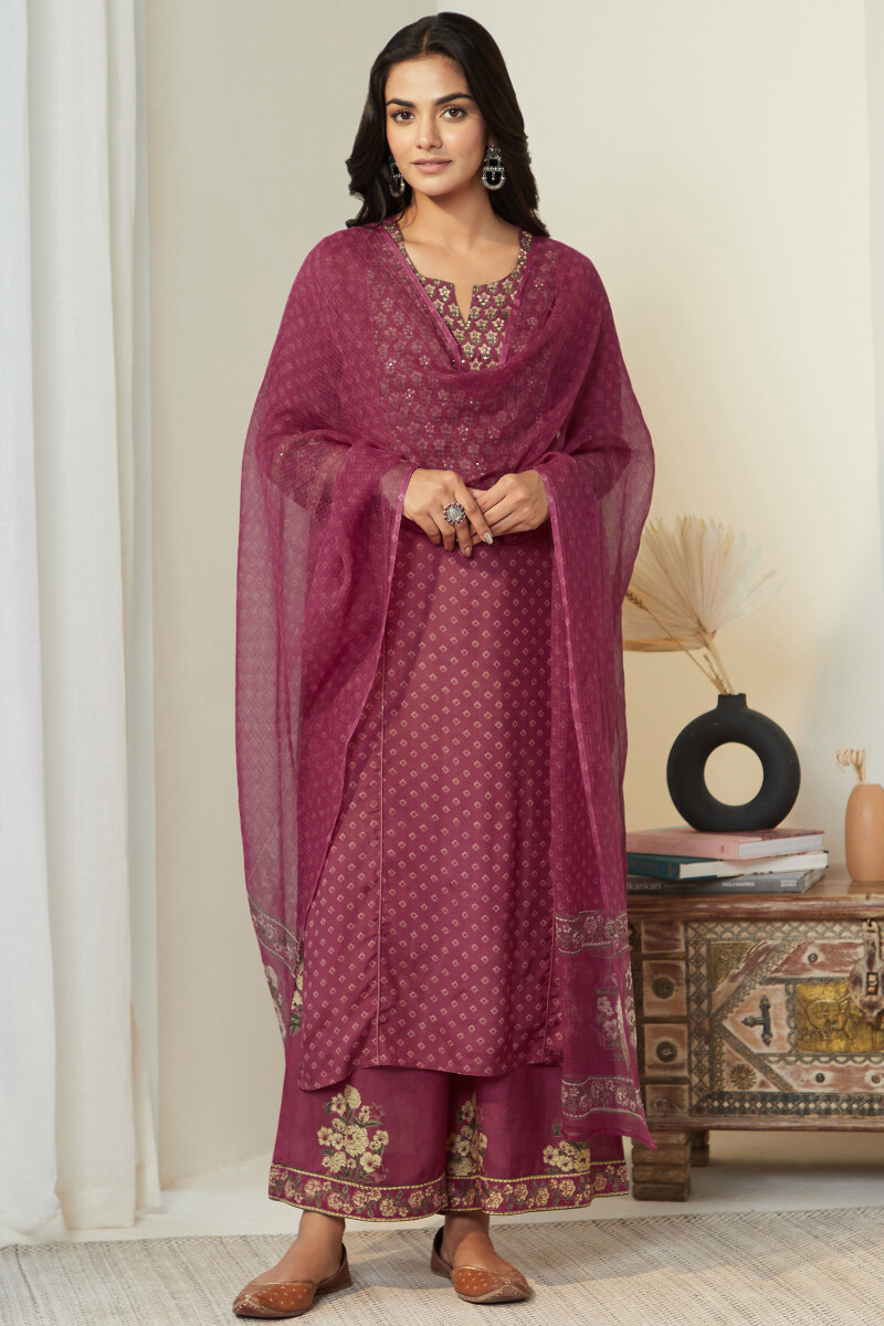 Raspberry Hand Block Printed Straight Modal Kurta