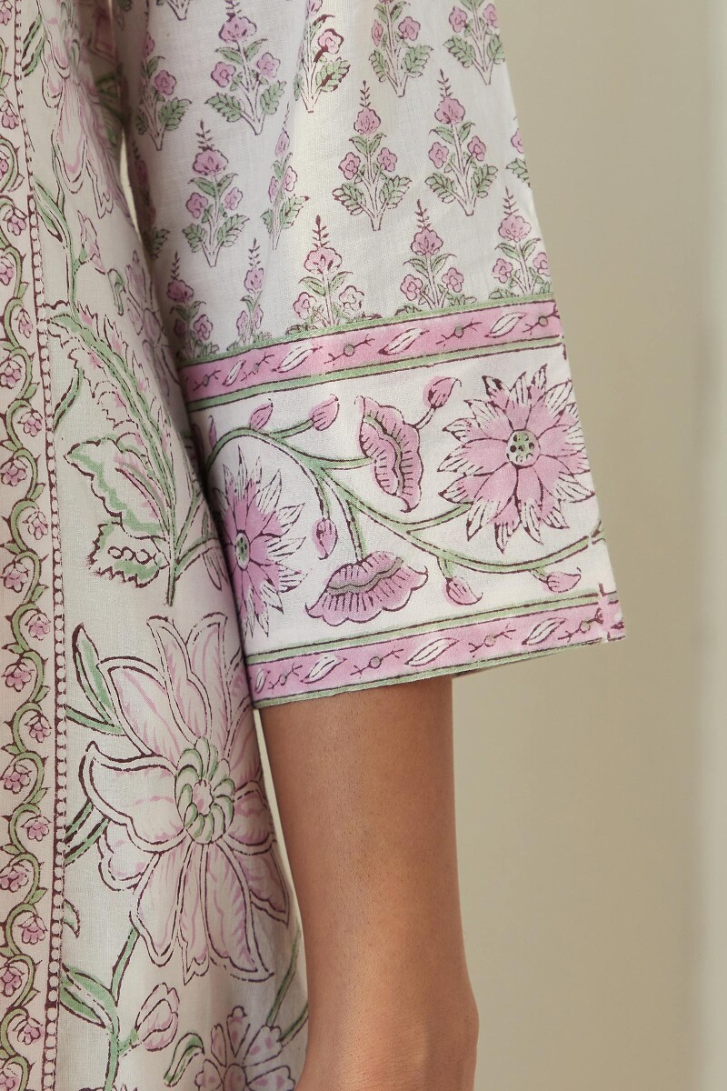 White Hand Block-Printed A-line Cotton Kurta