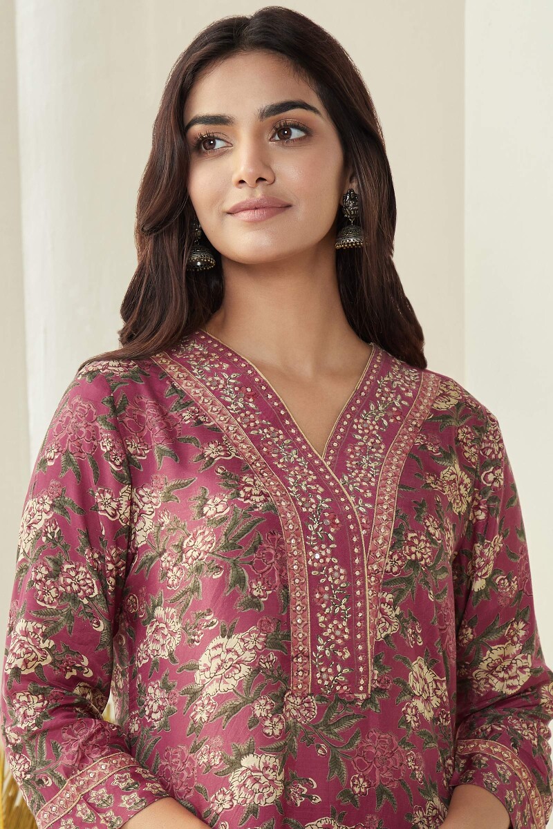 Pink Hand Block-Printed Straight Modal Kurta