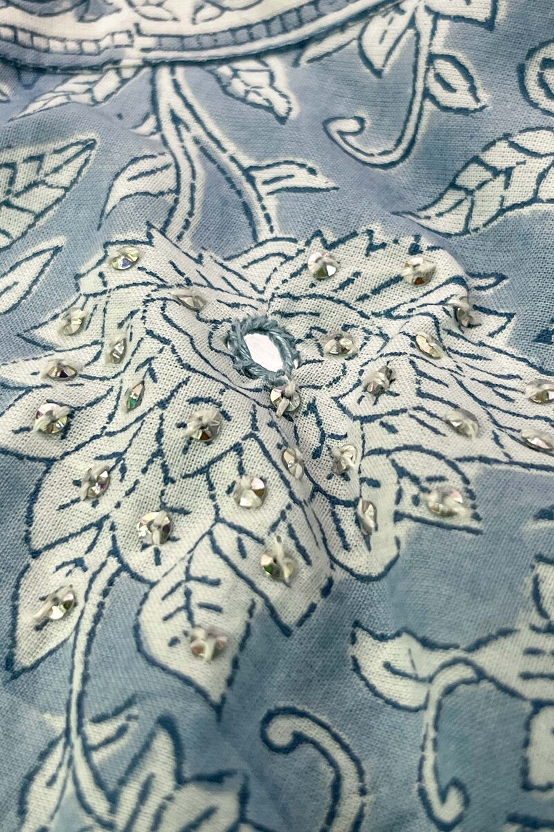 Light Blue Hand Block-Printed A-Line Kurta