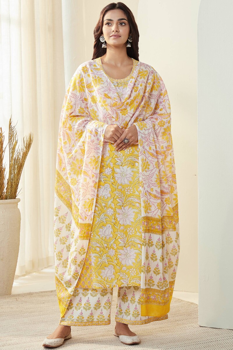 Off-White Hand Block-Printed Cotton Mul Dupatta