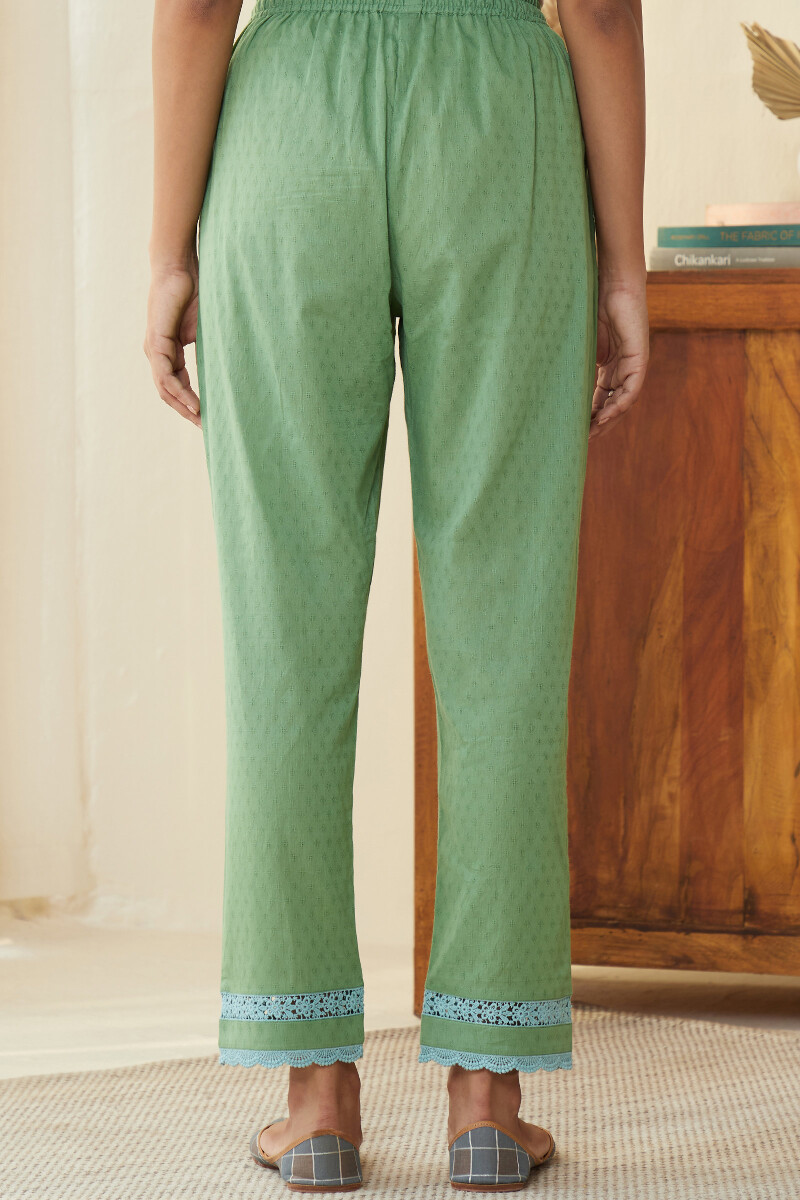 Green Handcrafted Cotton Dobby Narrow Pants