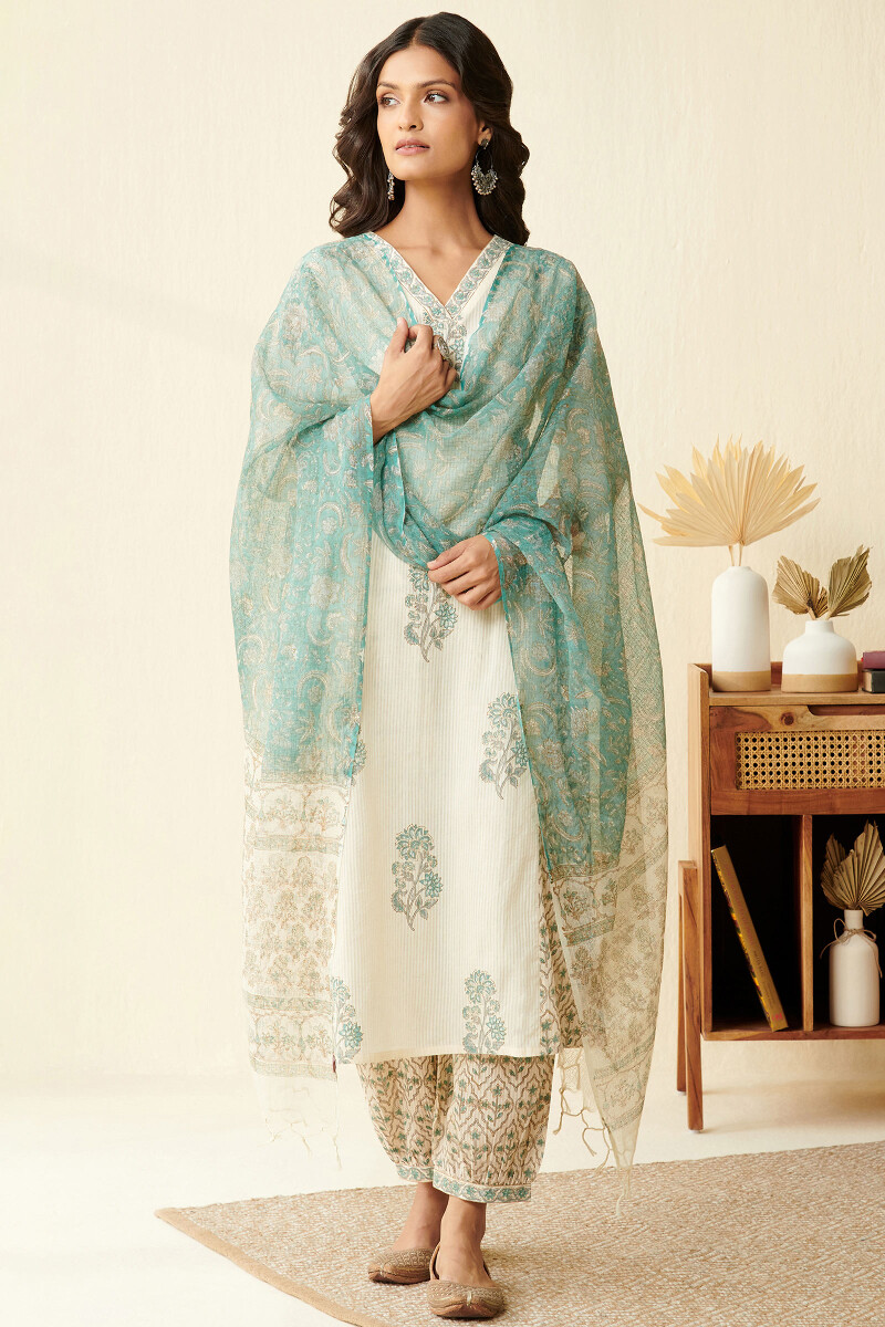 Off-White Block Printed Straight Line Dobby Kurta