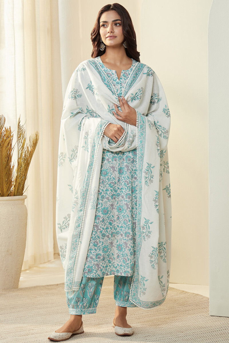 White Hand Block-Printed Straight Cotton Slub Kurta