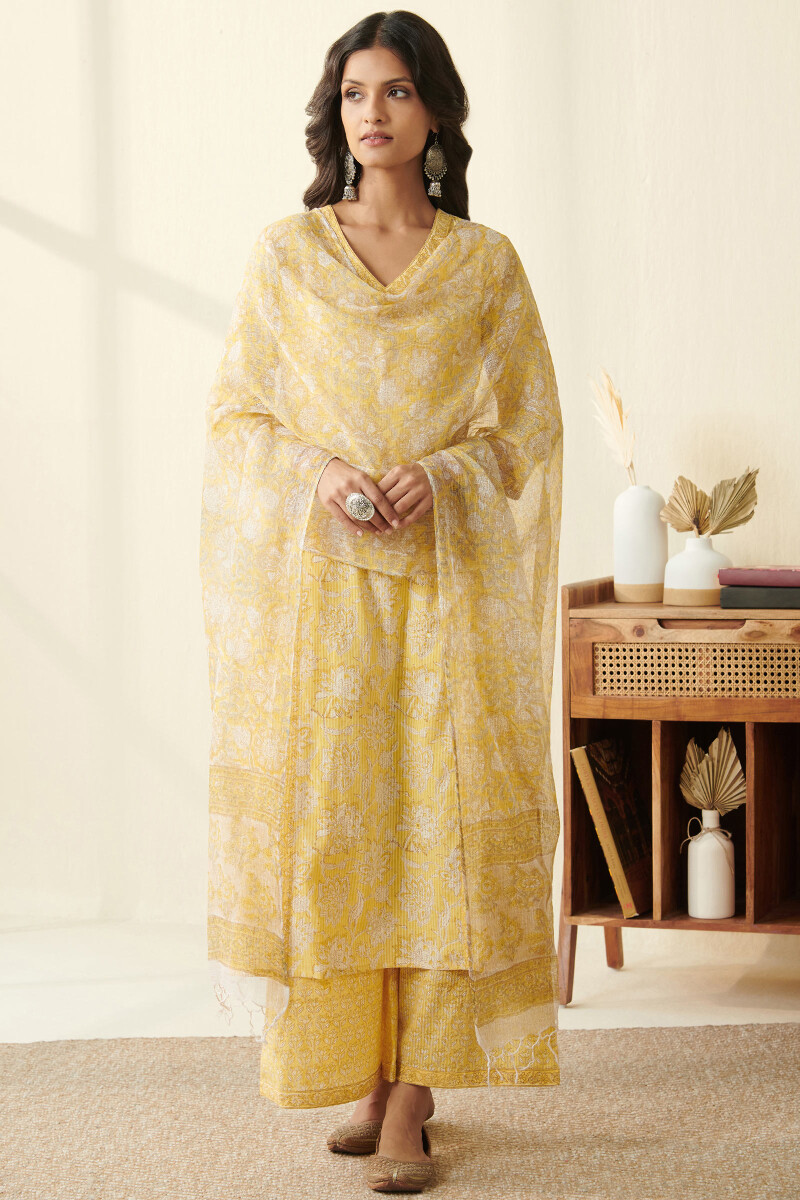Yellow Hand Block Printed Straight Cotton Dobby Kurta