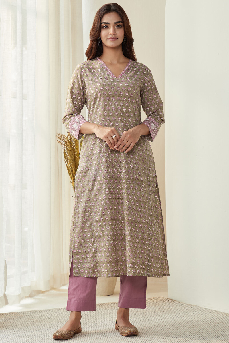 Olive Green Hand Block-Printed Straight Cotton Kurta