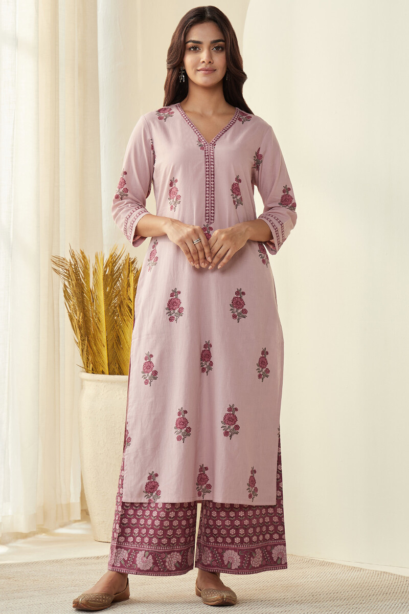Purple Hand Block-Printed Straight Cotton Kurta