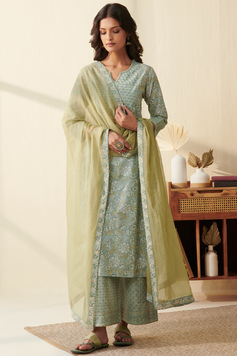 Blue Hand Block Printed Straight Cotton Slub Kurta