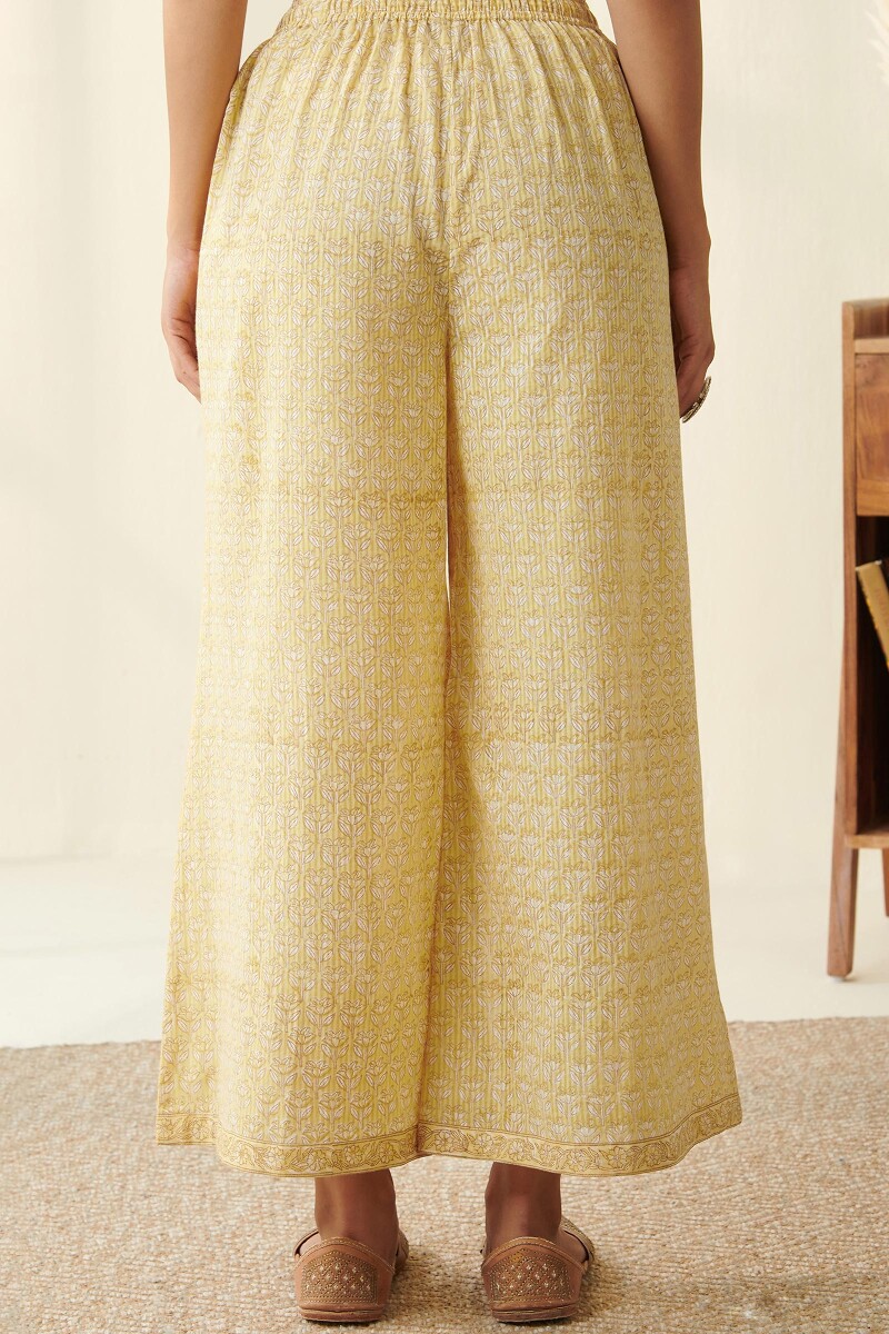 Yellow Hand Block Printed Cotton Dobby Palazzos