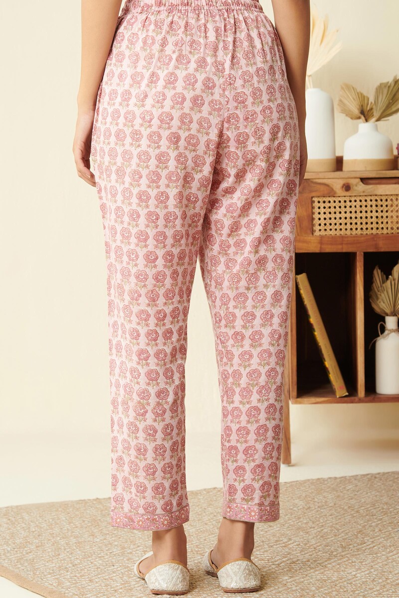 Pink Hand Block Printed Cotton Narrow Pants