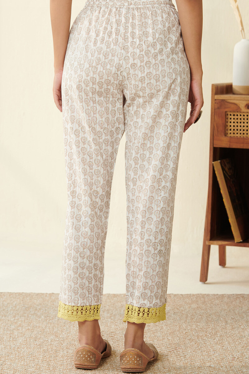Off-White Hand Block Printed Cotton Narrow Pants