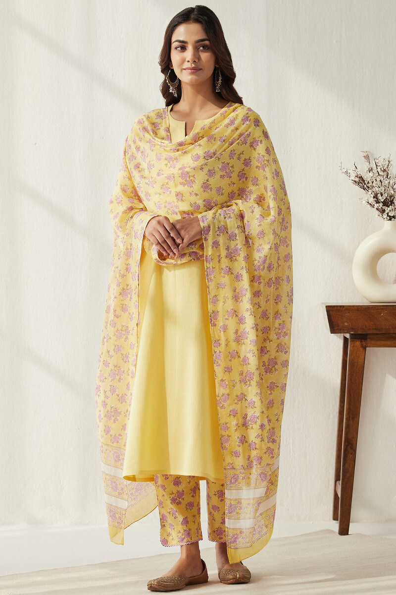 Yellow Handcrafted Straight Cotton Flax Kurta
