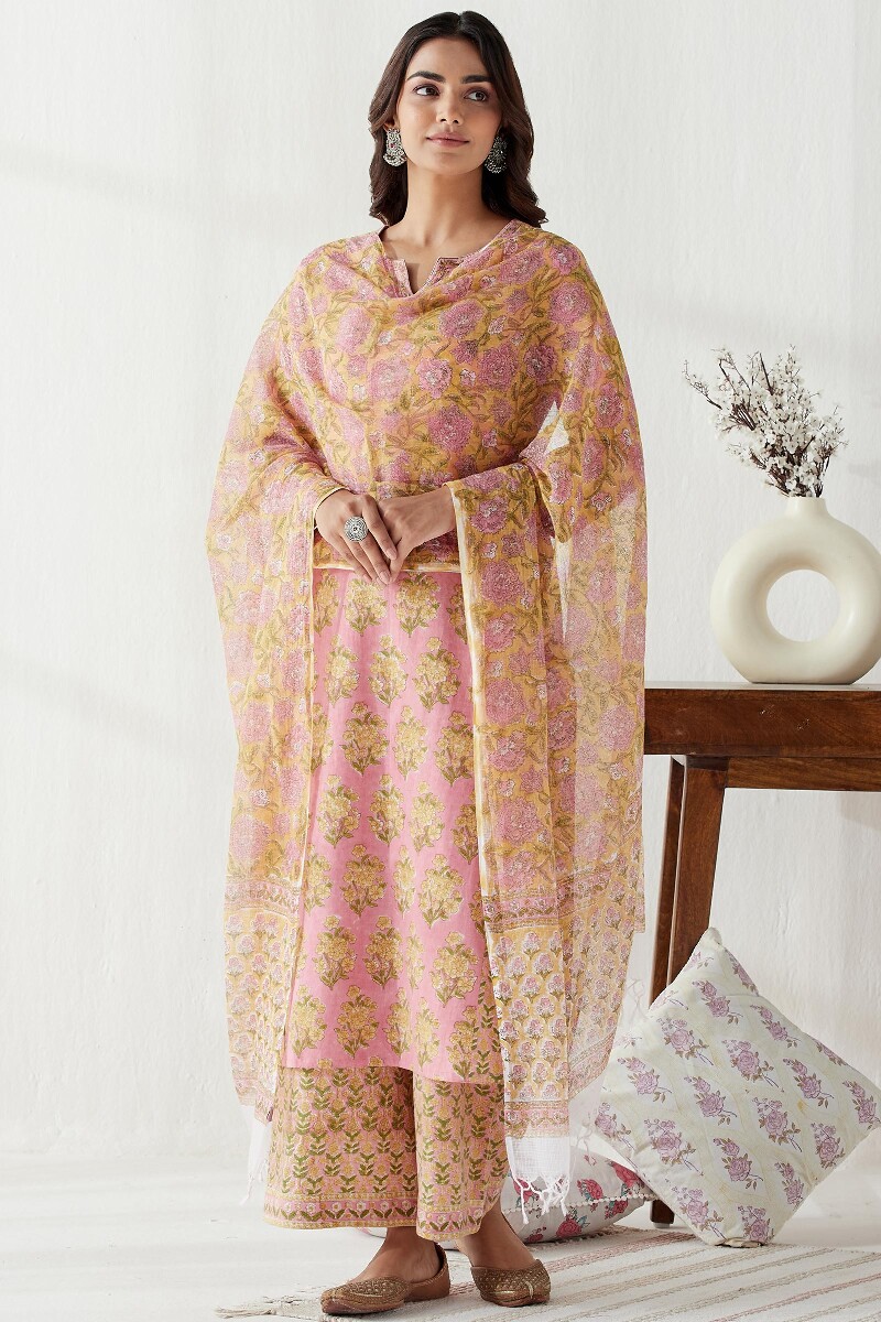 Pink Hand Block Printed Straight Cotton Flax Kurta