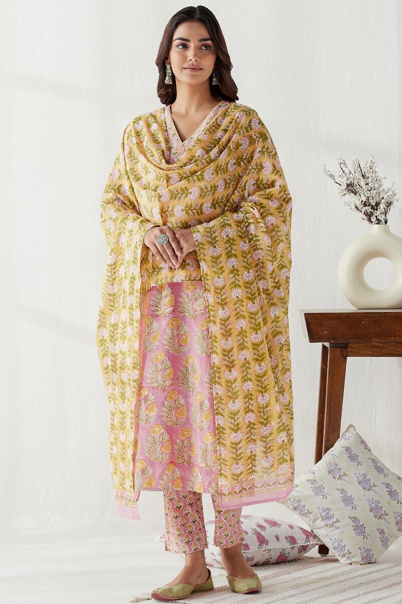 Pink Hand Block Printed Straight Cotton Flax Kurta