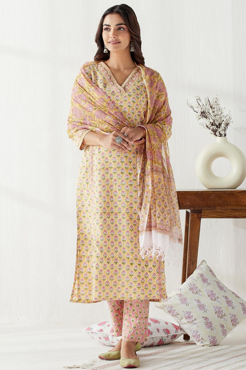 Yellow Hand Block Printed Straight Cotton Flax Kurta