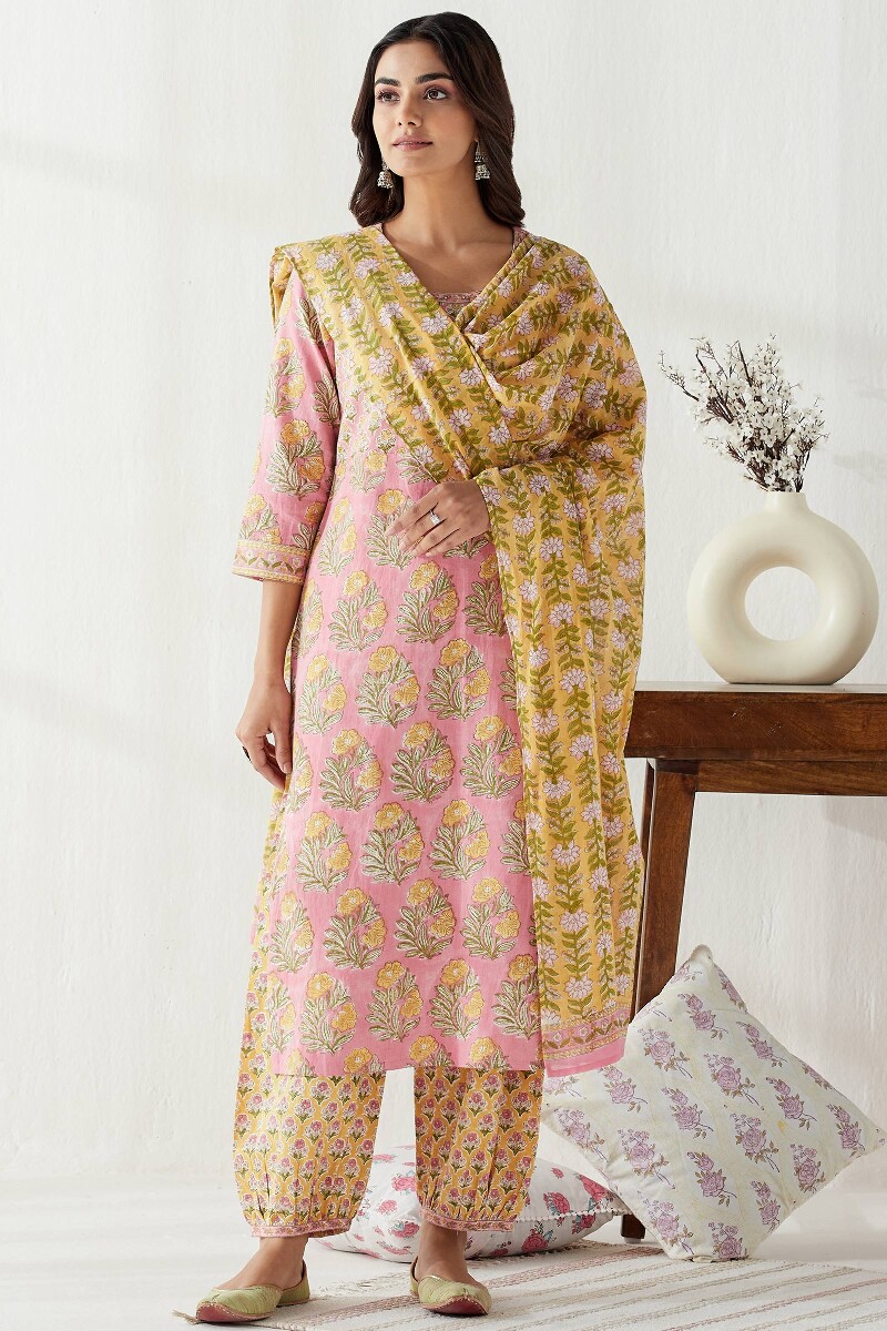 Pink Hand Block Printed Straight Cotton Flax Kurta