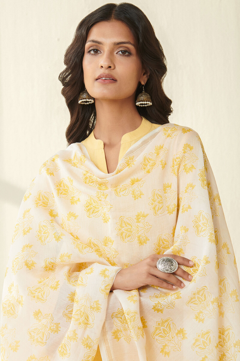 Off-White Hand Block Printed Chanderi Dupatta