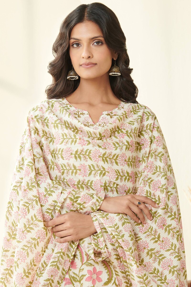 Off-White Hand Block Printed Cotton Dobby Dupatta