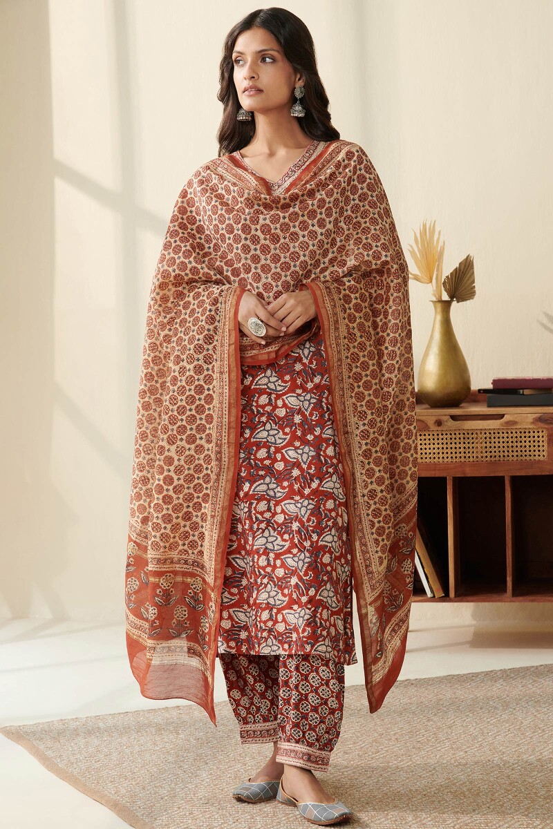 Red Hand Block Printed Chanderi Dupatta