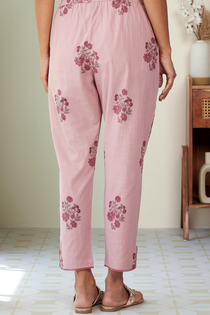 Purple Hand Block-Printed Cotton Slub Narrow Pants