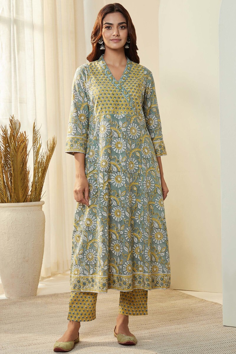 Grey Hand Block-Printed A-Line Cotton Mul Kurta