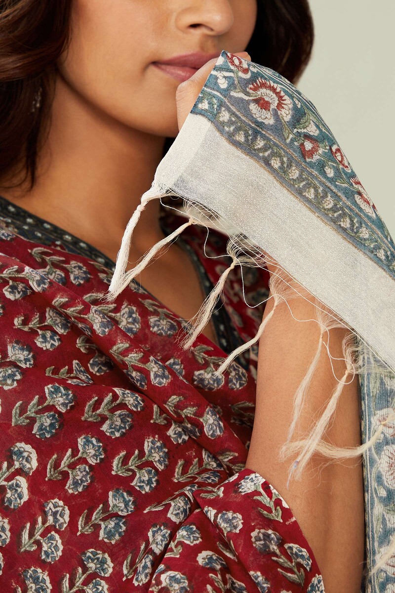 Red Hand Block-Printed Chanderi Dupatta