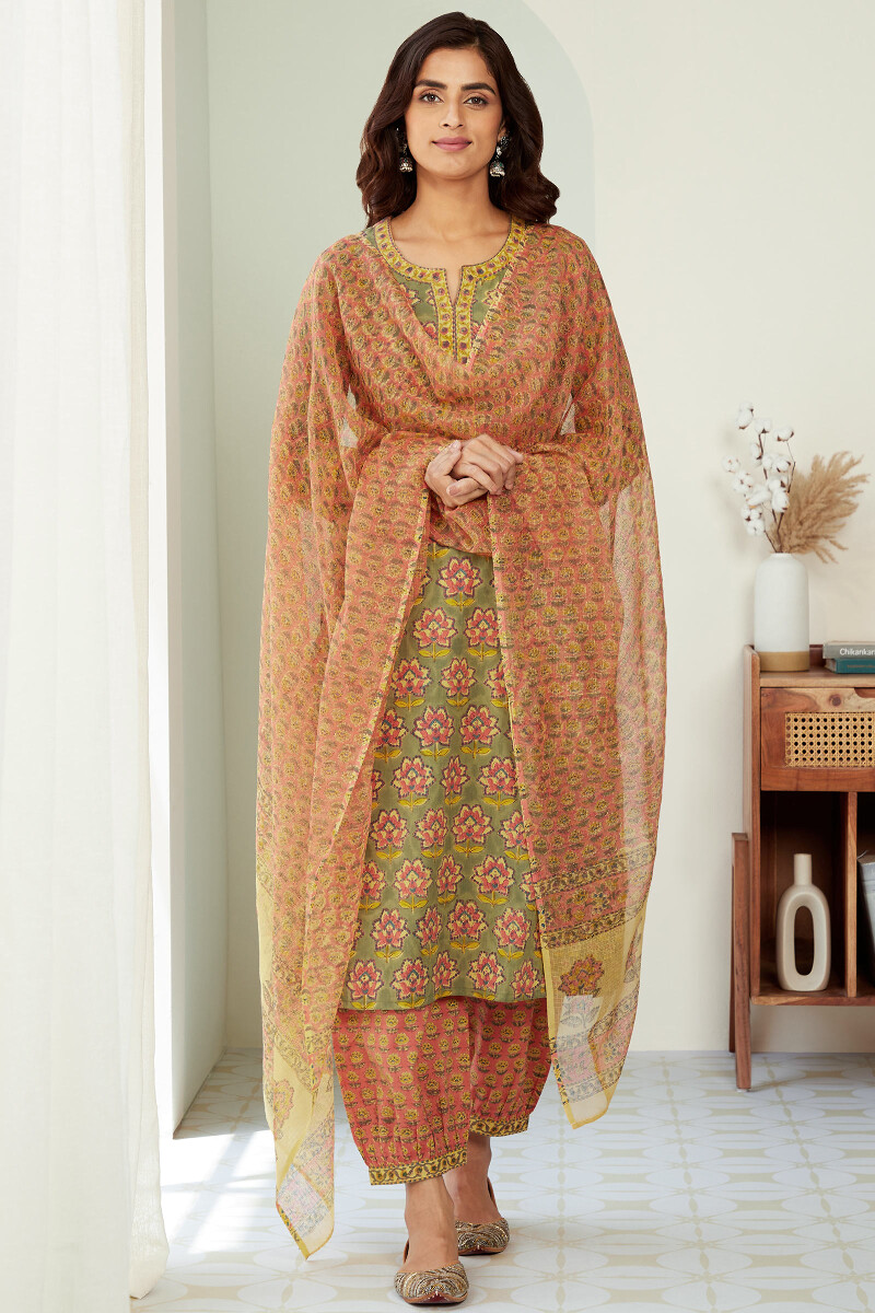 Olive Green Hand Block-Printed Straight Cotton Kurta