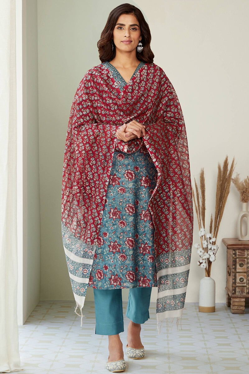 Blue Hand Block-Printed Straight Chanderi Kurta