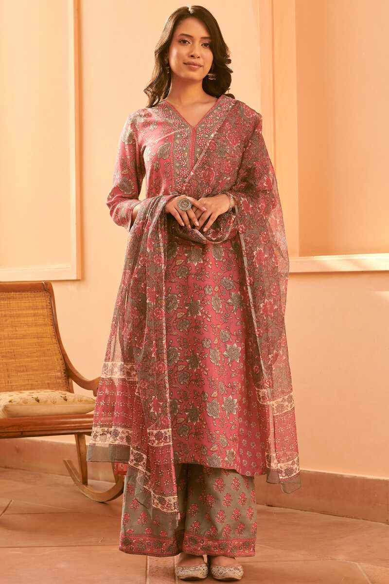 Pink Hand Block-Printed Straight Modal Kurta