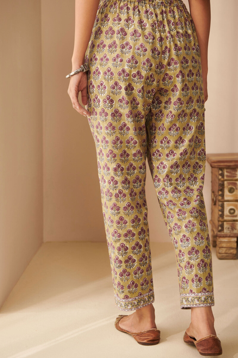 Mustard Yellow Hand Block-Printed Cotton Slub Narrow Pants