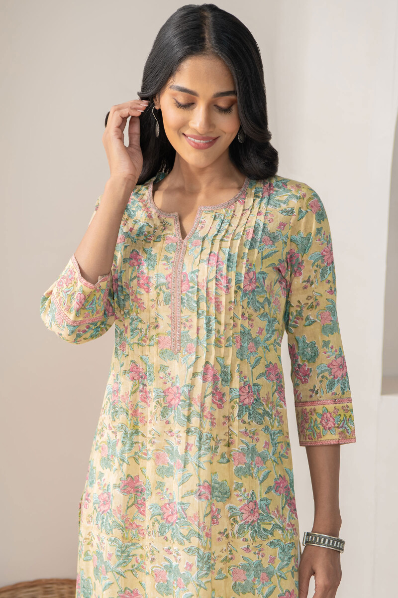 Yellow Hand Block-Printed Straight Cotton Kurta